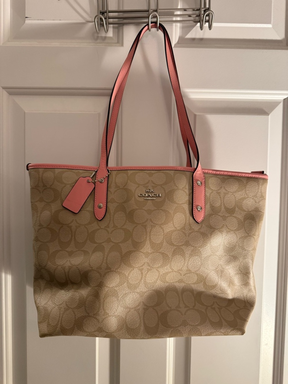 Coach Beige Signature Canvas Tote with Pink Trim